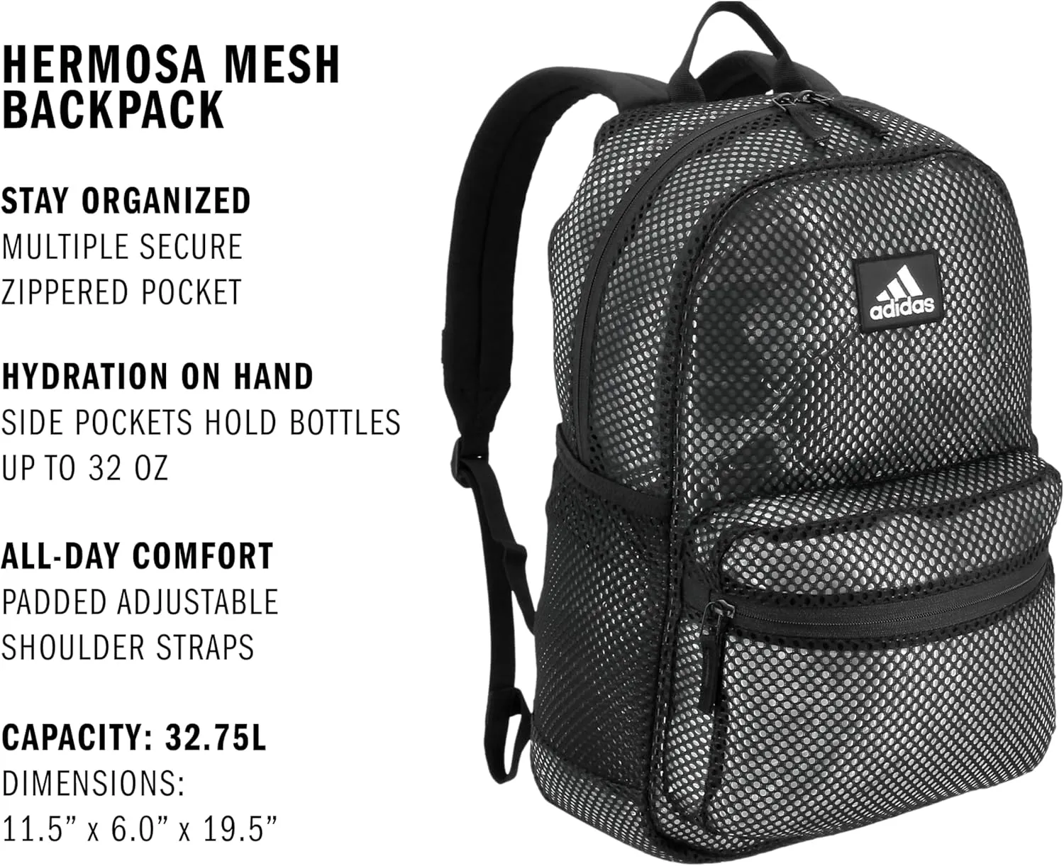 adidas Hermosa Mesh Backpack, See-Through Transparent Clear Festival Bag, Black/White/2.0, One Size