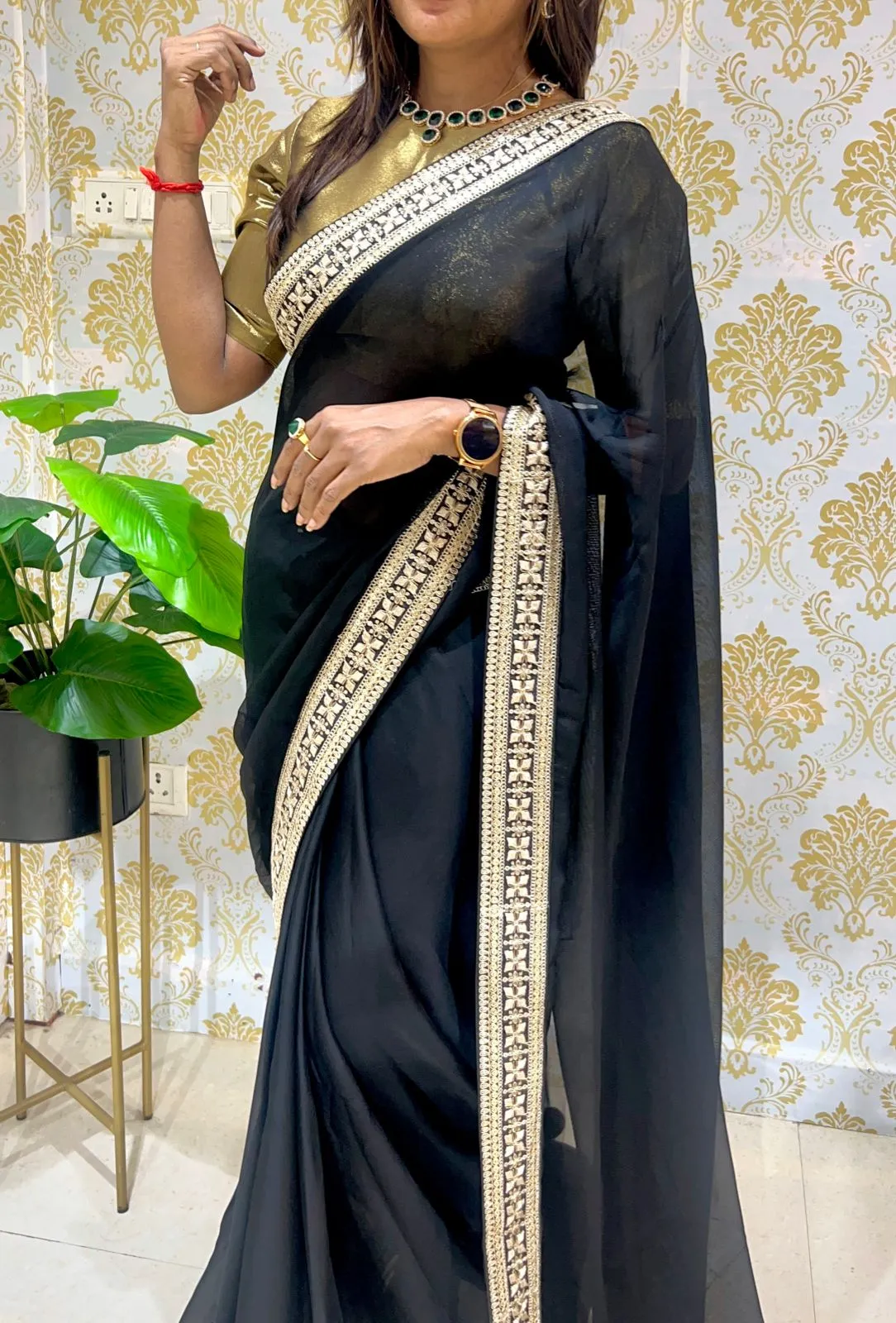 Black jute saree with varanasi gold tissue blouse