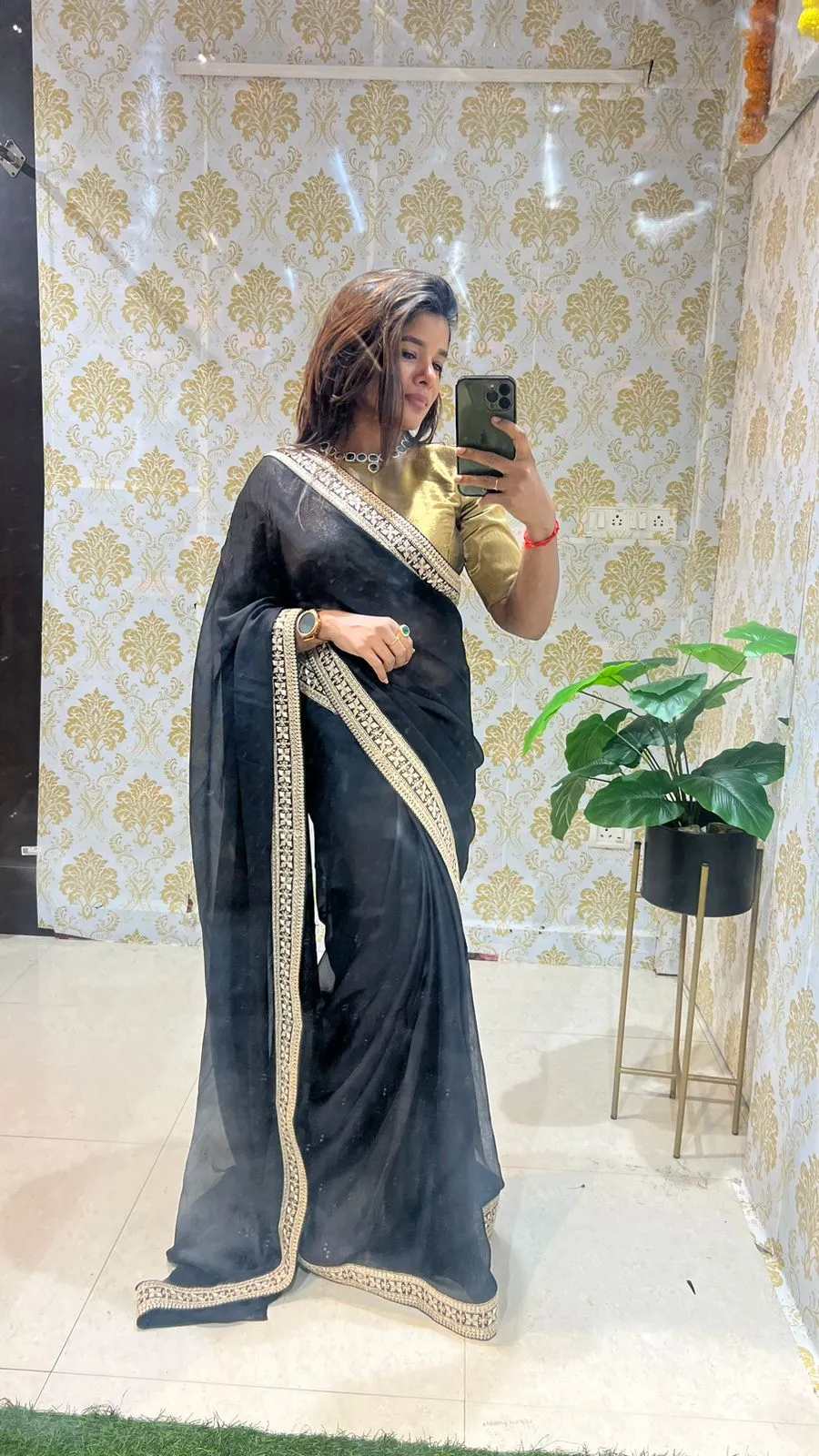 Black jute saree with varanasi gold tissue blouse