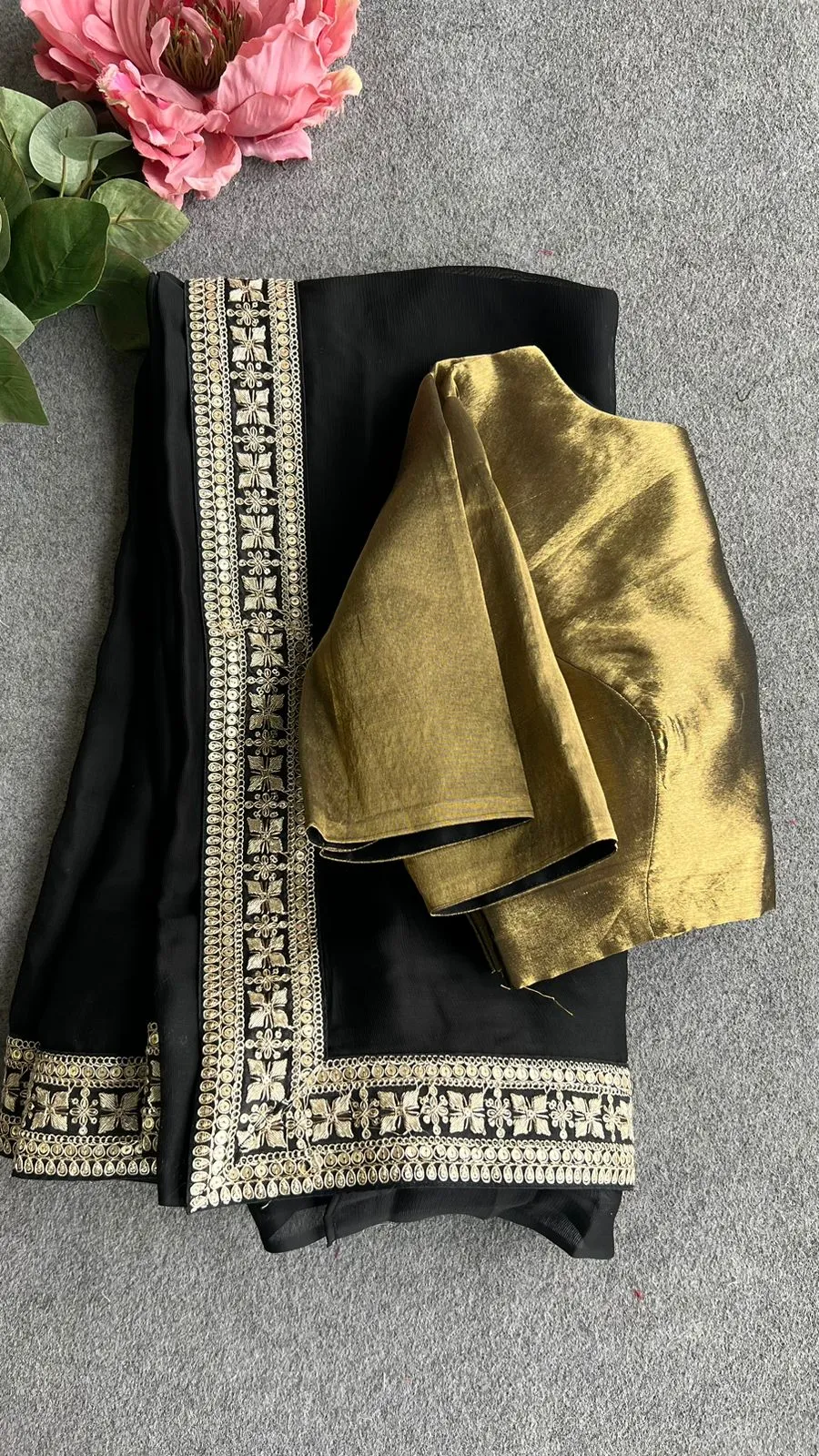 Black jute saree with varanasi gold tissue blouse