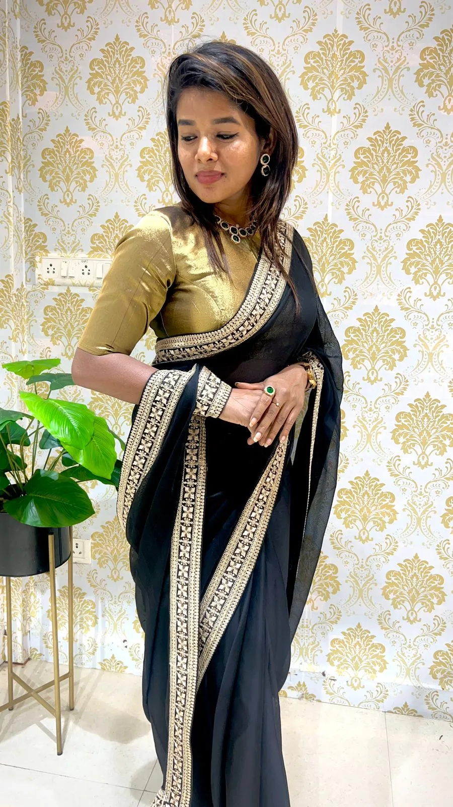 Black jute saree with varanasi gold tissue blouse