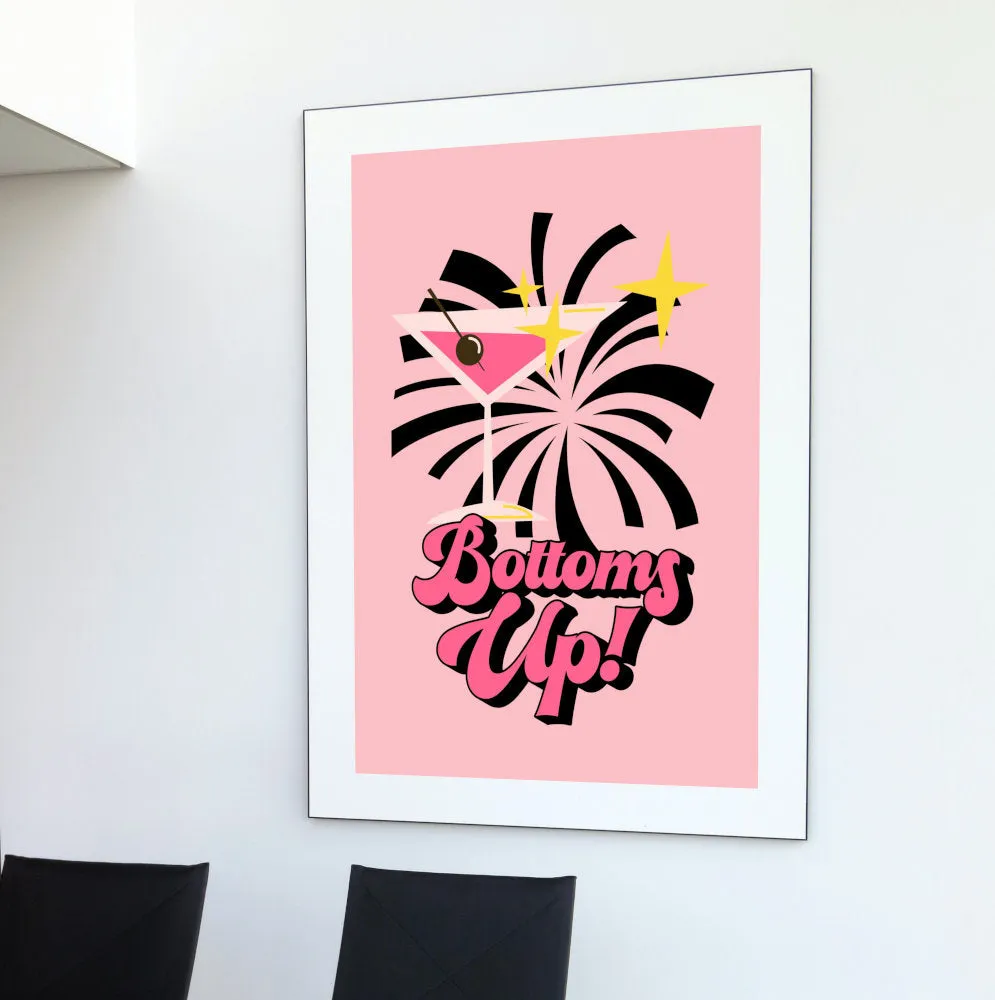 Bottoms Up Preppy Poster PRINTABLE ART, College Dorm Posters, Preppy Wall Art, Martini Print, Colorful Cocktail Poster, Bar Cart Art, Academia Aesthetic