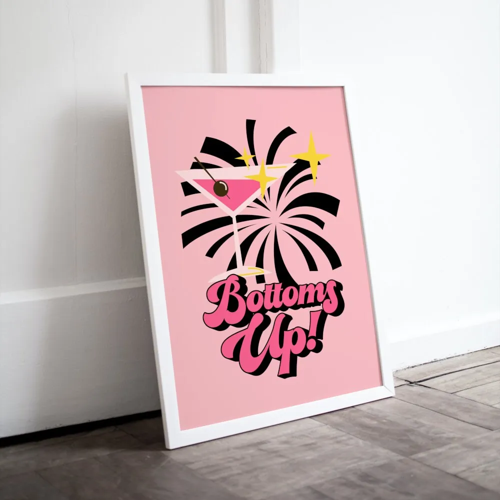 Bottoms Up Preppy Poster PRINTABLE ART, College Dorm Posters, Preppy Wall Art, Martini Print, Colorful Cocktail Poster, Bar Cart Art, Academia Aesthetic