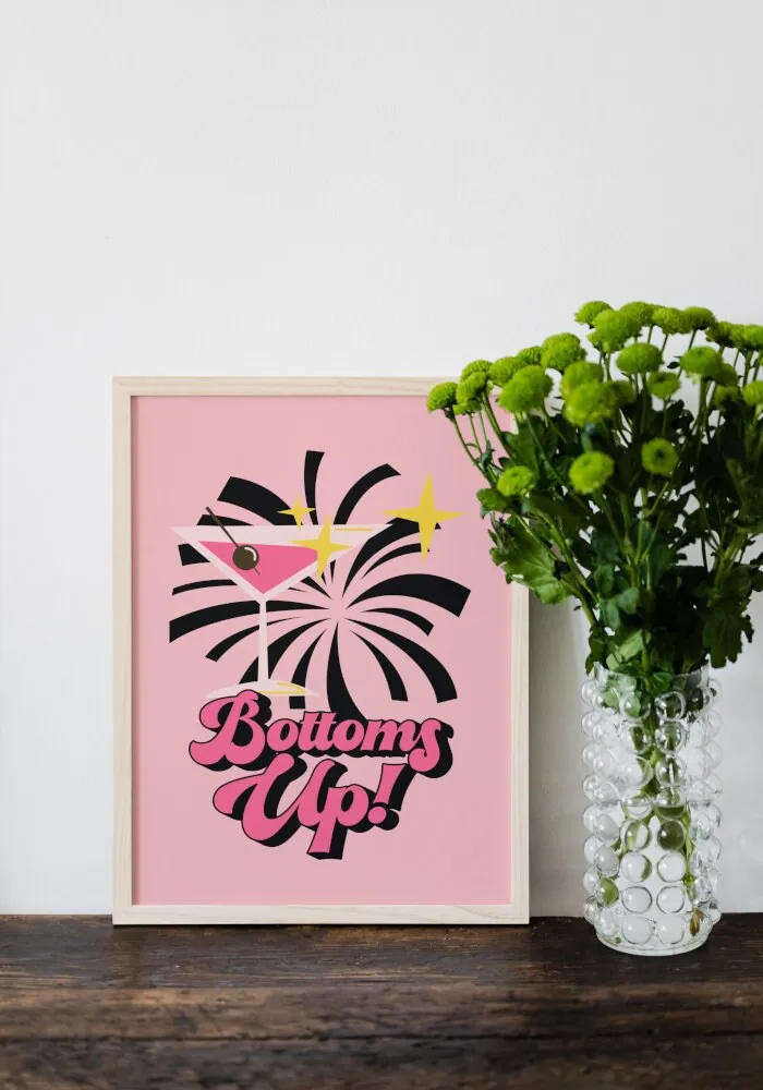 Bottoms Up Preppy Poster PRINTABLE ART, College Dorm Posters, Preppy Wall Art, Martini Print, Colorful Cocktail Poster, Bar Cart Art, Academia Aesthetic