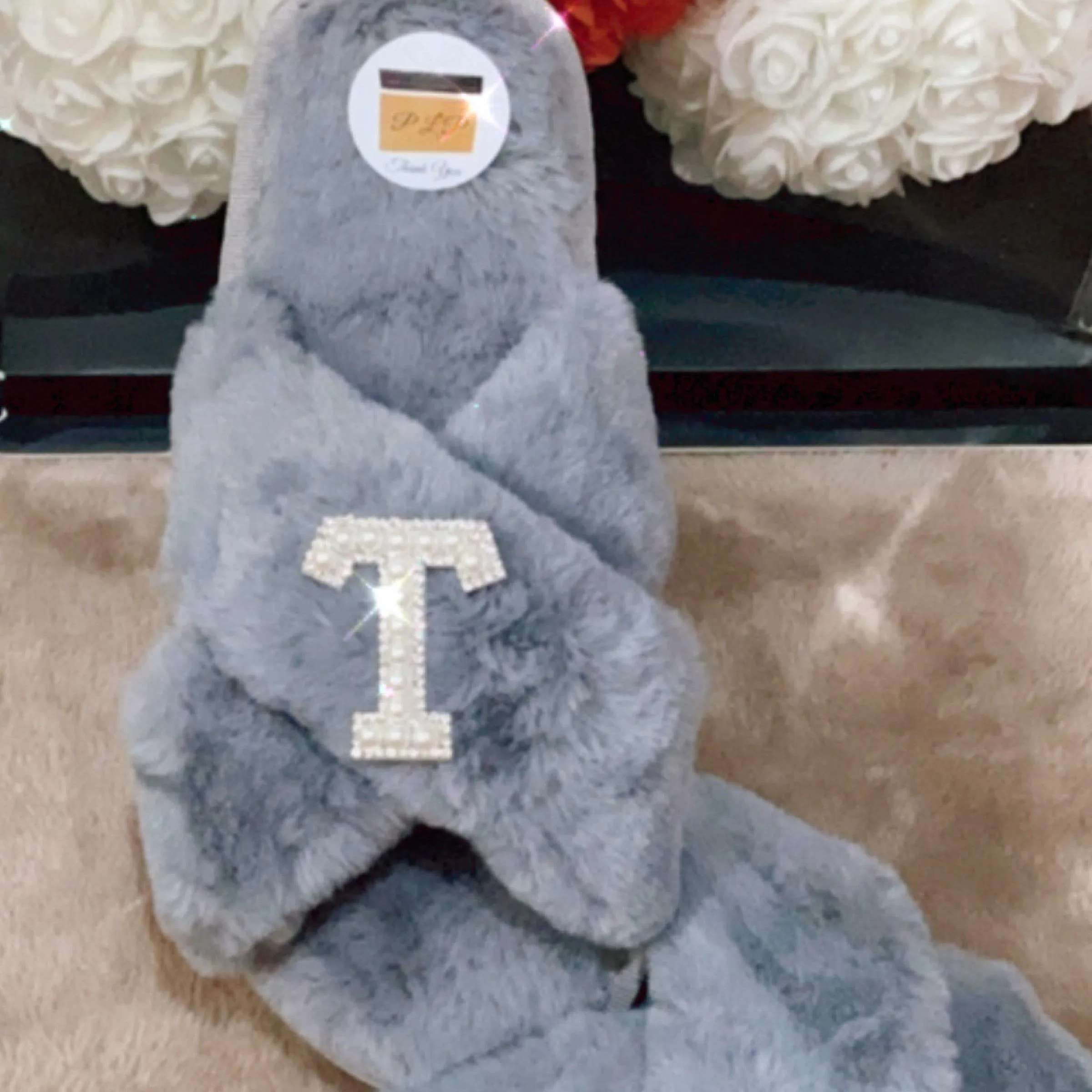 Customised Grey Faux Fur ‘ 𝓕𝓻𝓪𝓷𝓴𝓲𝓮‘ Slippers.
