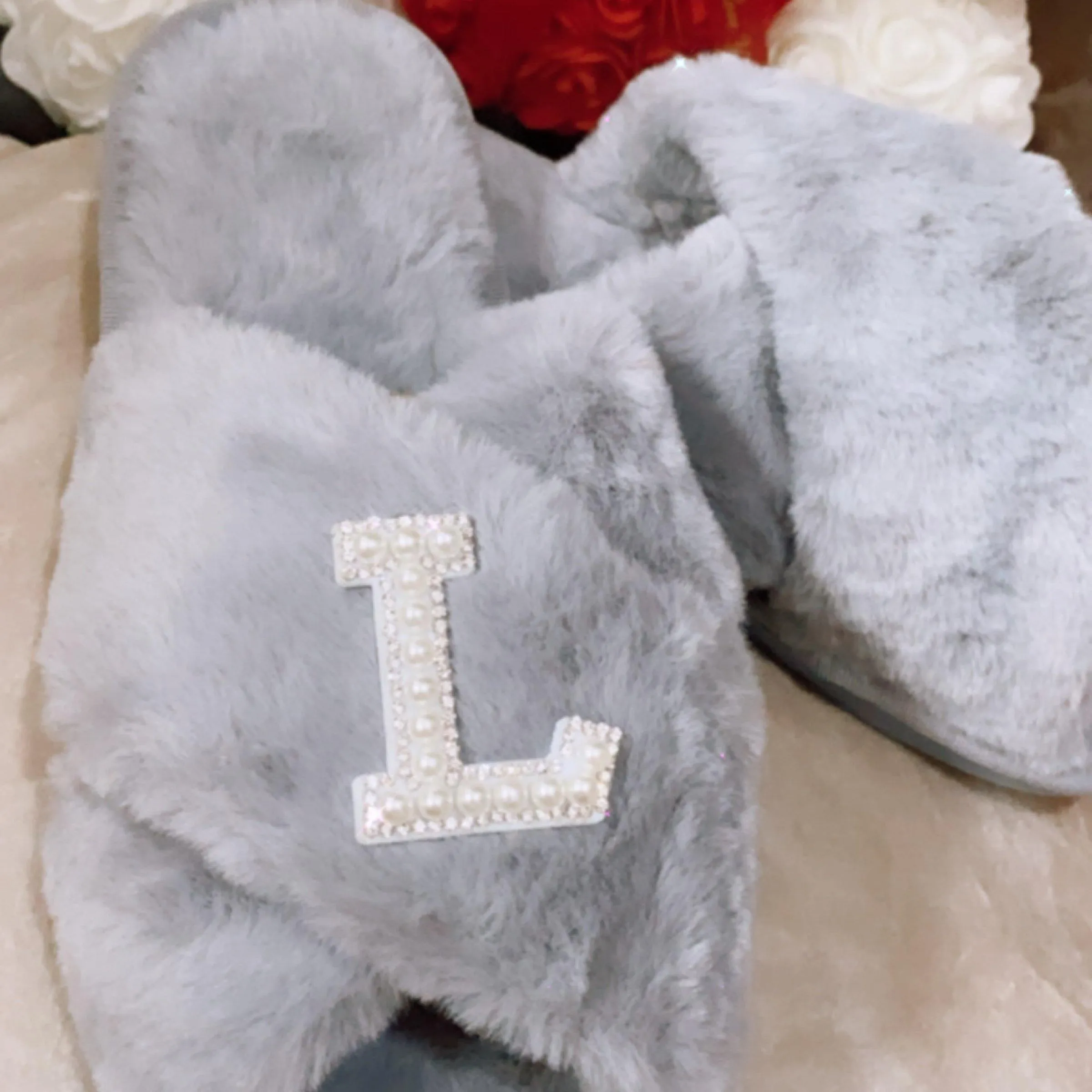 Customised Grey Faux Fur ‘ 𝓕𝓻𝓪𝓷𝓴𝓲𝓮‘ Slippers.