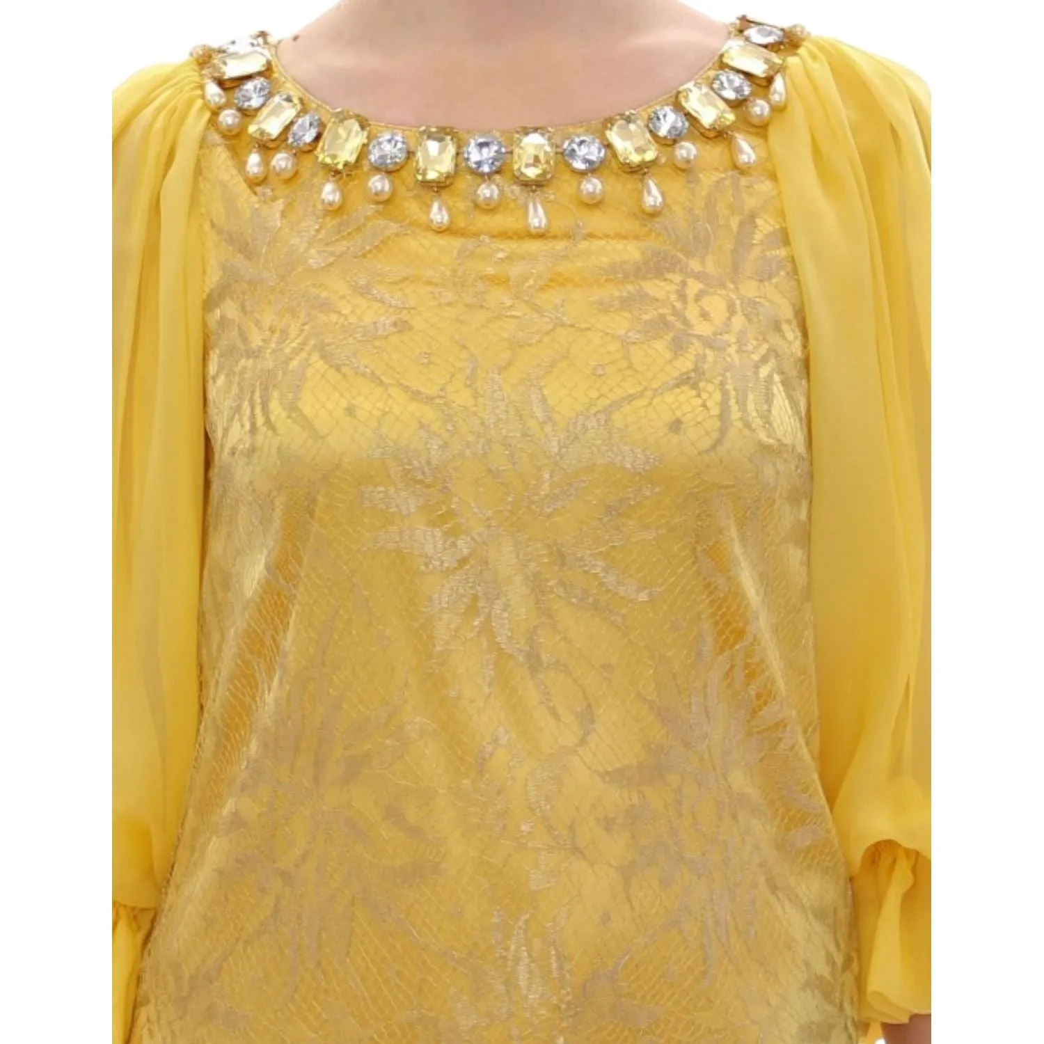 Dolce & Gabbana Yellow Lace Crystal Embellished Mini Dress