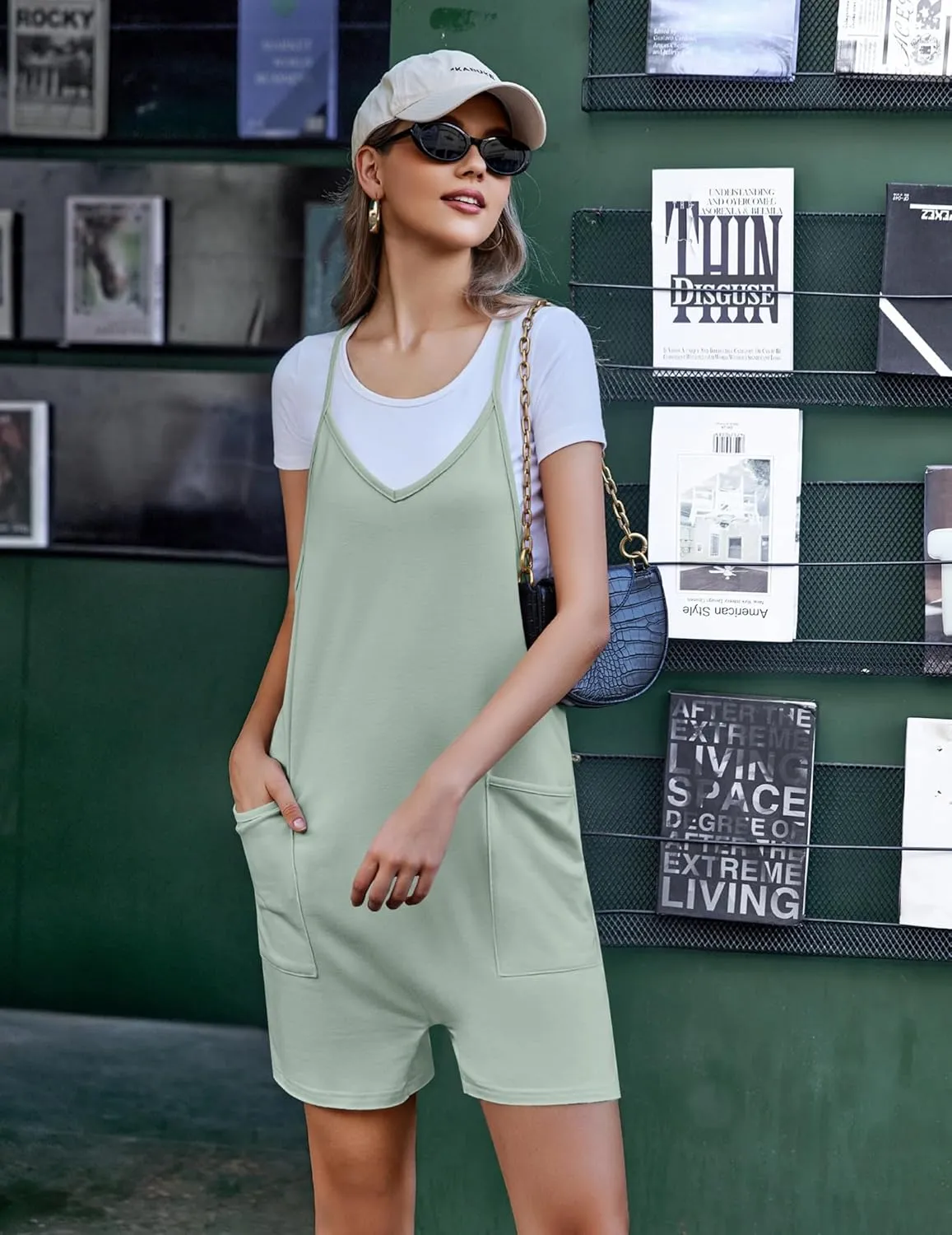 Ekouaer Womens Summer Casual Sleeveless Rompers Loose Spaghetti Strap Shorts Overalls Outfits 2025 Jumpsuits With Pockets