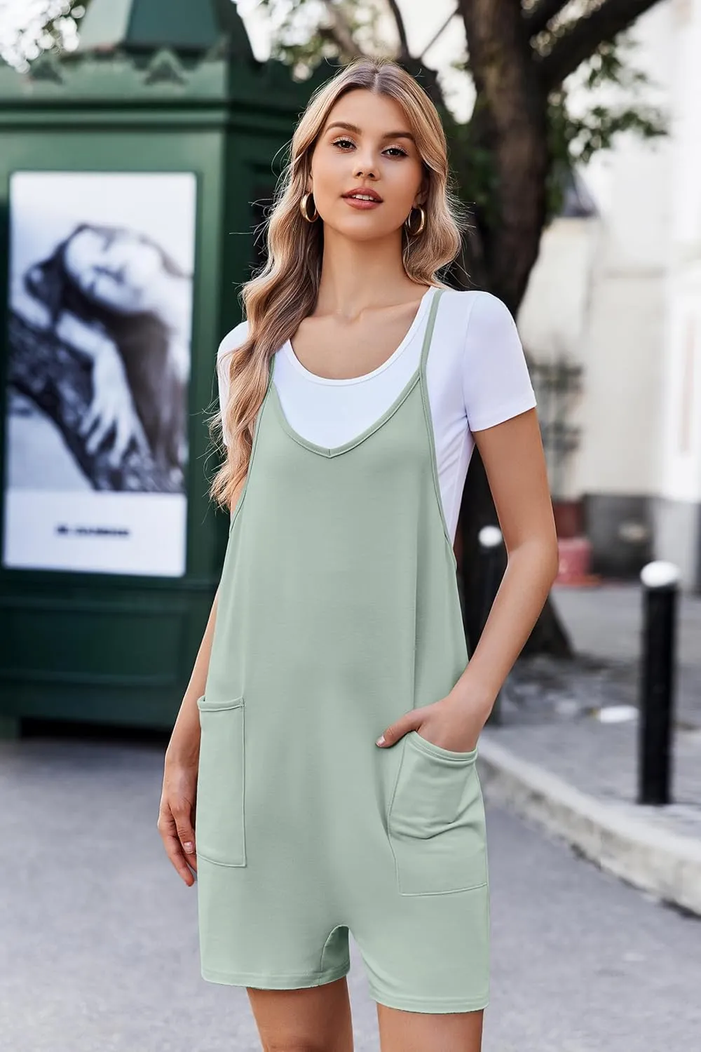 Ekouaer Womens Summer Casual Sleeveless Rompers Loose Spaghetti Strap Shorts Overalls Outfits 2025 Jumpsuits With Pockets