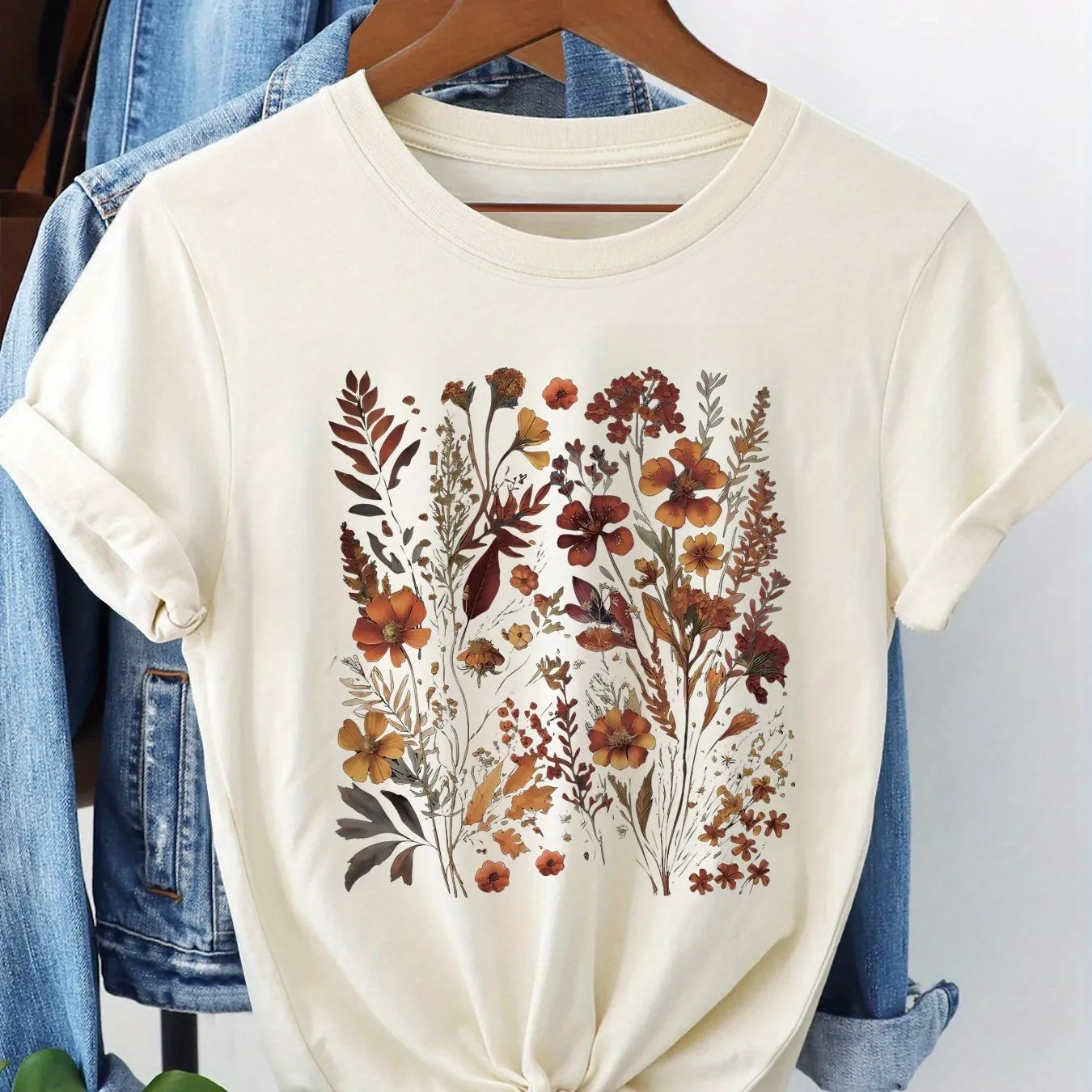 Floral Print T-Shirt, Short Sleeve Round Neck Casual Top for Summer, Spring,