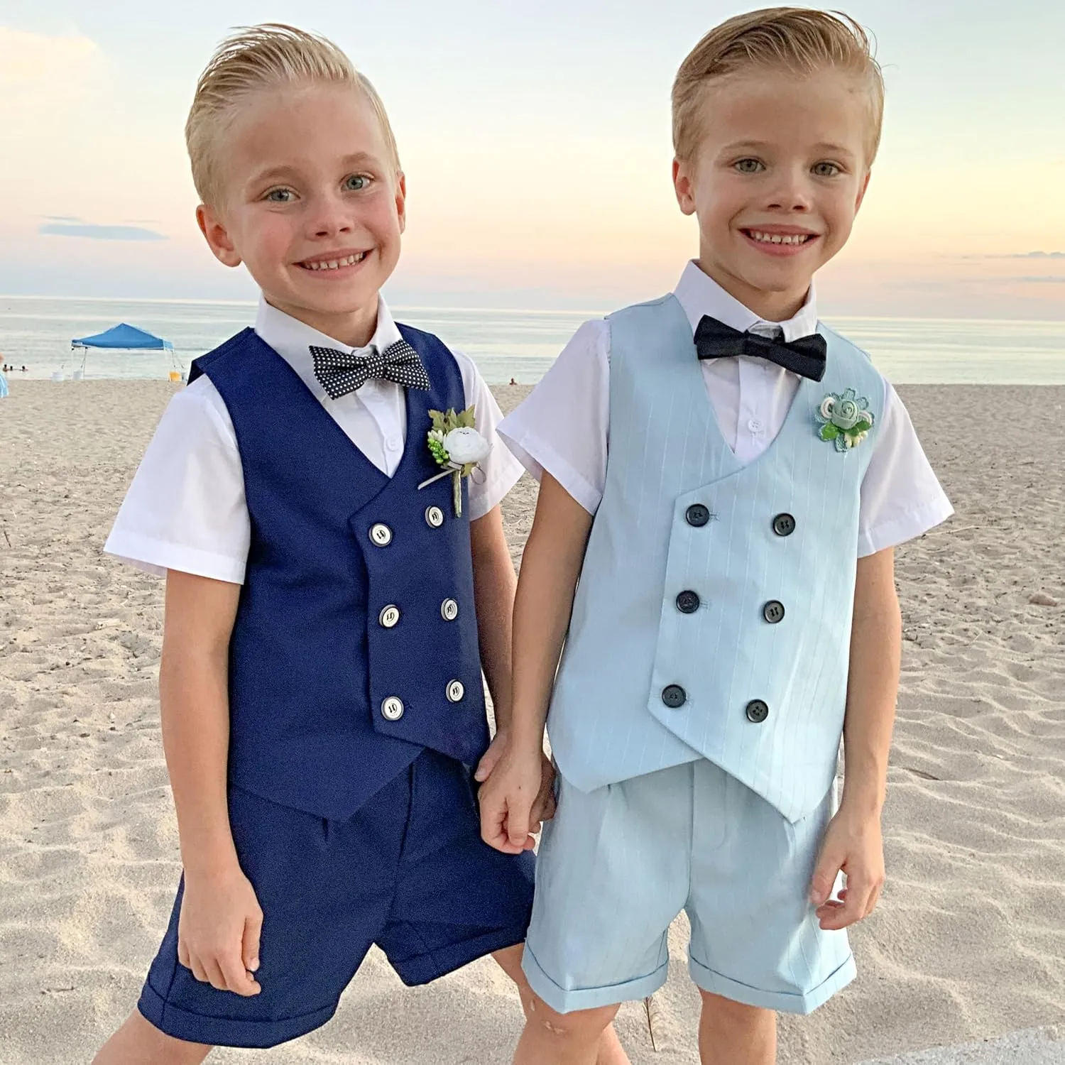LOLANTA 4Pcs Summer Boys Suit, Kids Dress Clothes Shirt Vest Shorts Bow Tie, Waistcoat Tuxedo Wedding Ring Bearer Outfit