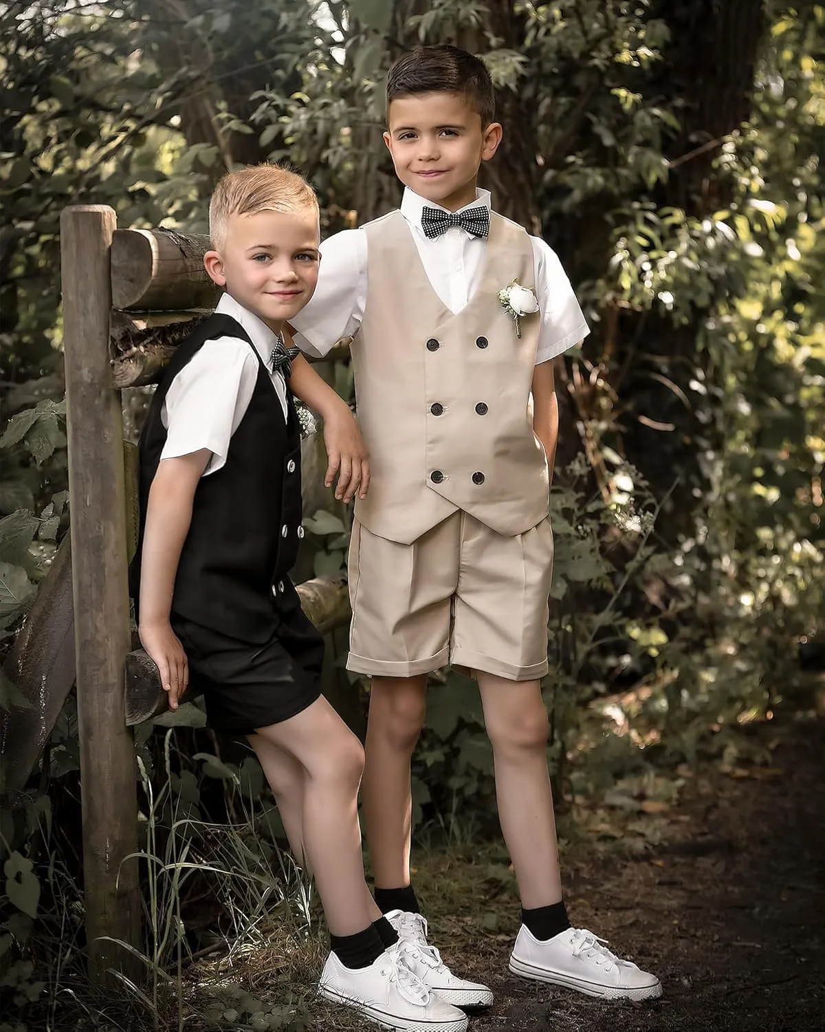 LOLANTA 4Pcs Summer Boys Suit, Kids Dress Clothes Shirt Vest Shorts Bow Tie, Waistcoat Tuxedo Wedding Ring Bearer Outfit