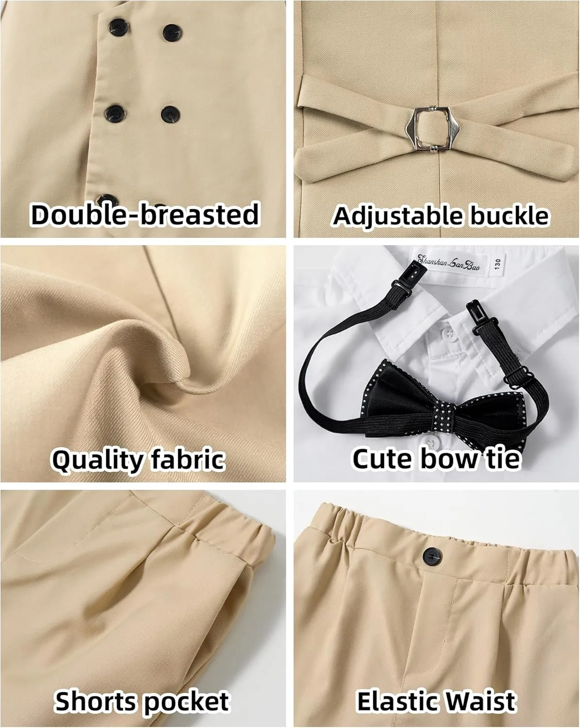 LOLANTA 4Pcs Summer Boys Suit, Kids Dress Clothes Shirt Vest Shorts Bow Tie, Waistcoat Tuxedo Wedding Ring Bearer Outfit