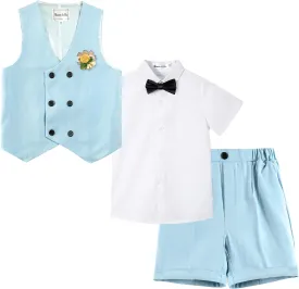 LOLANTA 4Pcs Summer Boys Suit, Kids Dress Clothes Shirt Vest Shorts Bow Tie, Waistcoat Tuxedo Wedding Ring Bearer Outfit