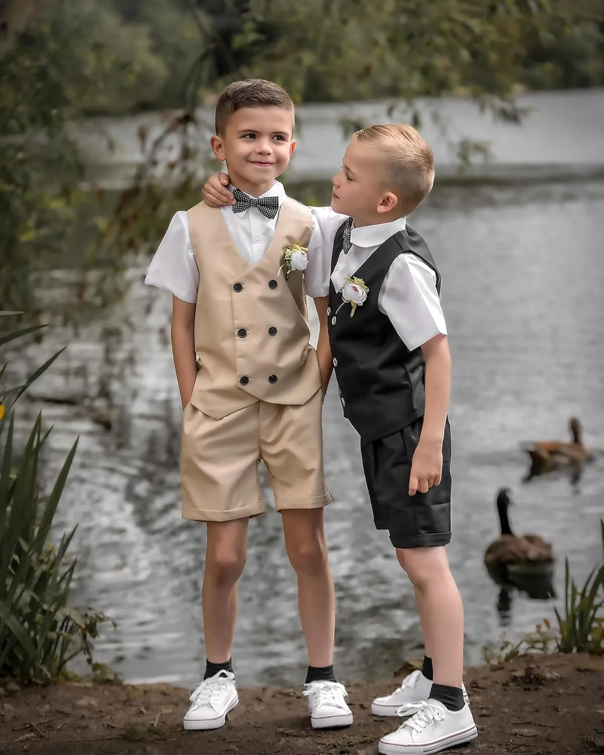 LOLANTA 4Pcs Summer Boys Suit, Kids Dress Clothes Shirt Vest Shorts Bow Tie, Waistcoat Tuxedo Wedding Ring Bearer Outfit