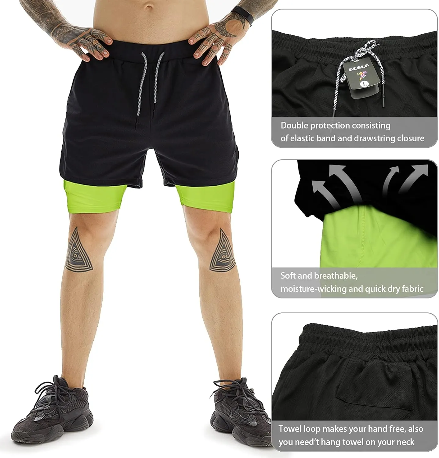 OEBLD Mens Athletic Shorts 2-in-1 Gym Workout Running 7'' Shorts with Towel Loop