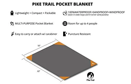Pike Trail Pocket Beach Blanket (60” X 56”) – Lightweight Sand Proof Picnic Blanket, Compact Outdoor Blanket, Waterproof Pocket Blanket for Hiking, Camping, Picnics, Travel and Beach Trips