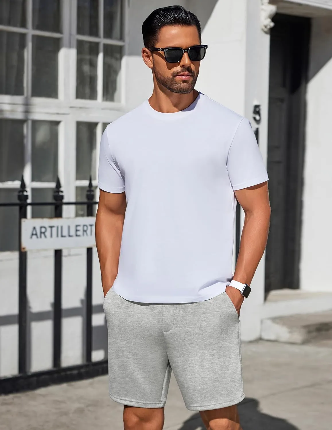 PINSPARK Mens Lounge Sweat Shorts, 7" Casual Elastic Waist Gym Workout Shorts with Drawstring