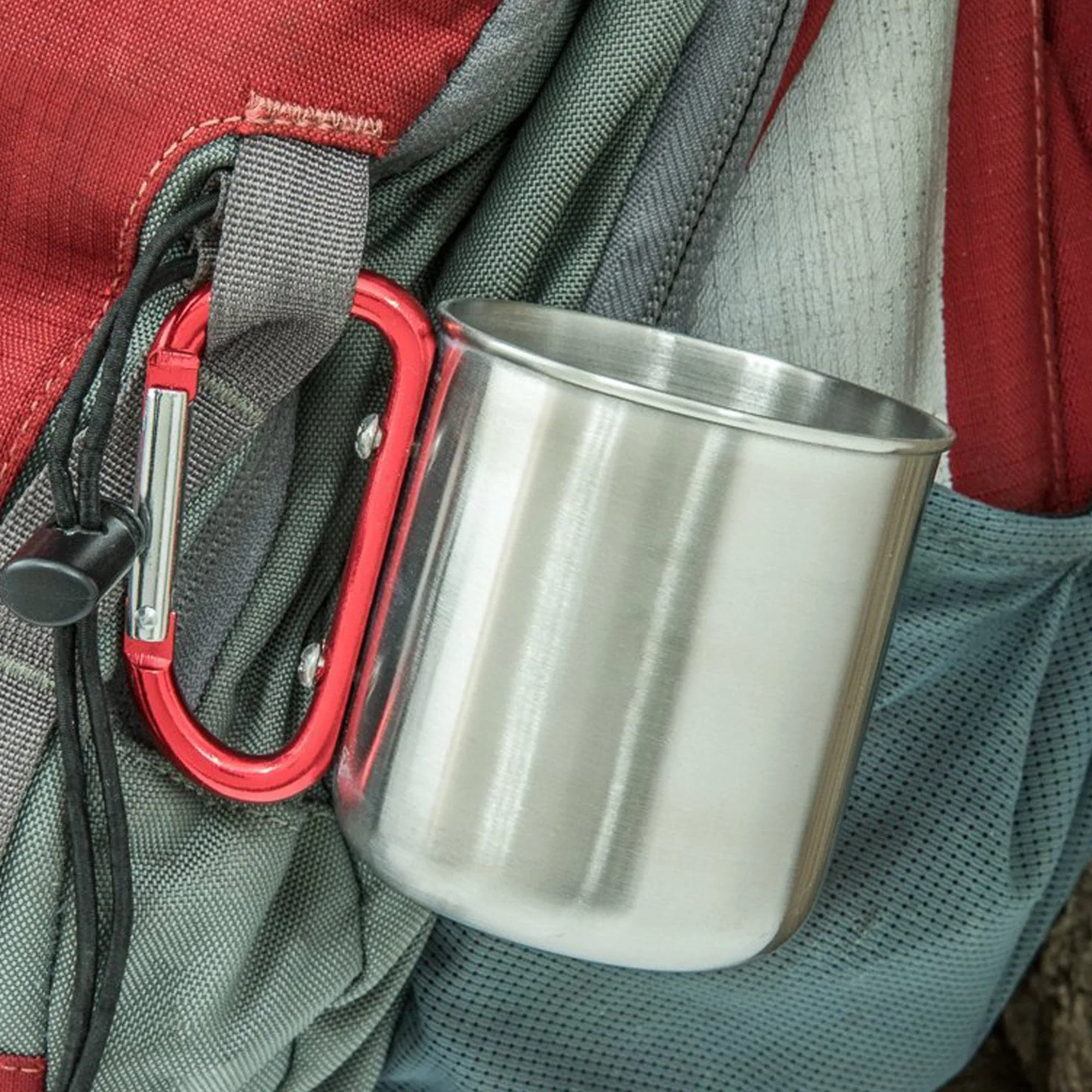 Stainless Steel Mug with Red 3" Carabiner Handle (300ml)