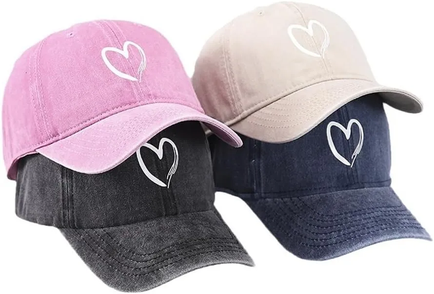 Women's Vintage Washed Baseball Cap Adjustable Cute Heart Graphic Cotton Dad Hat